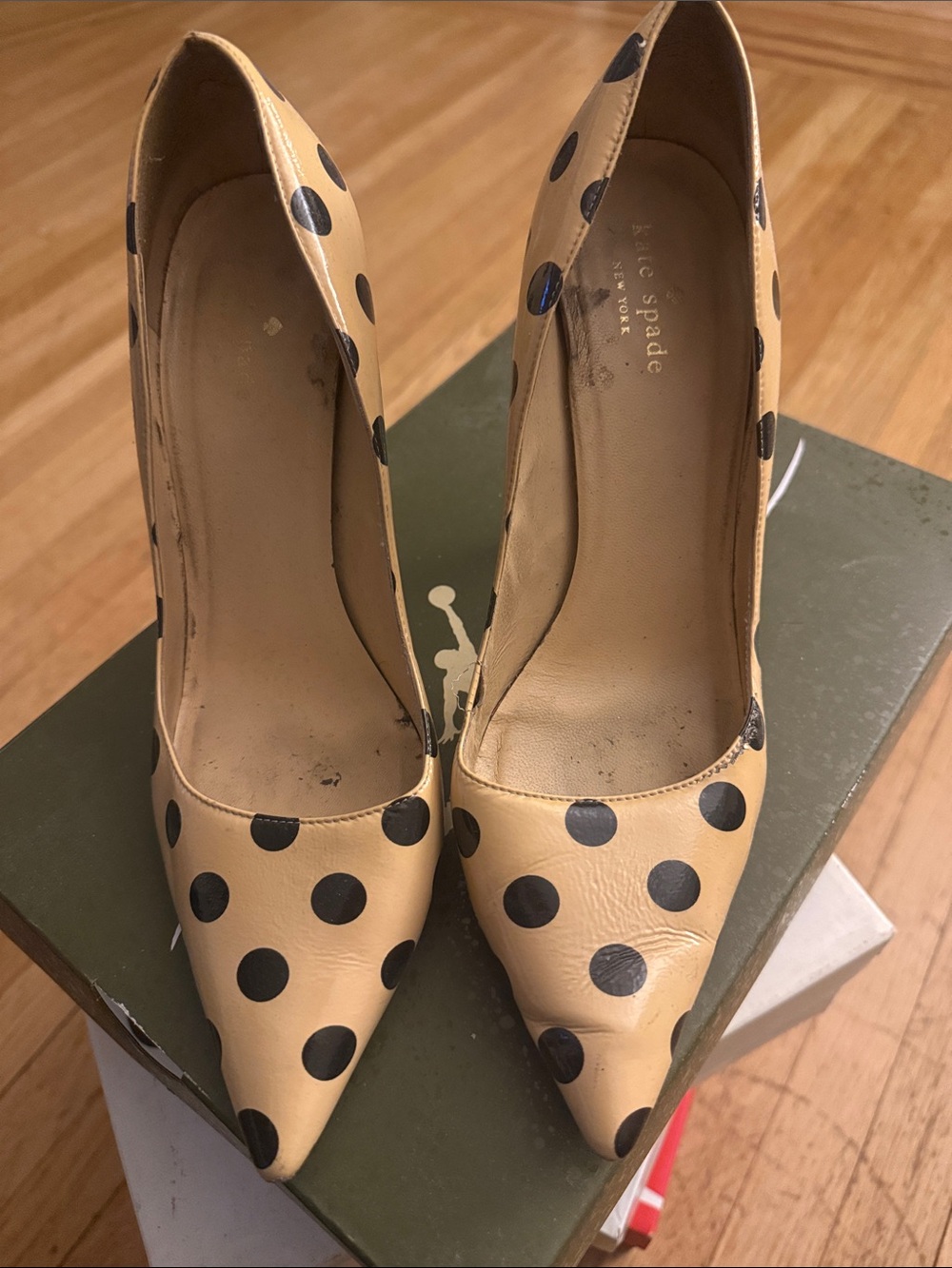 kate spade Tan and Black Polka Dot Pointed Toe Pumps 9.5